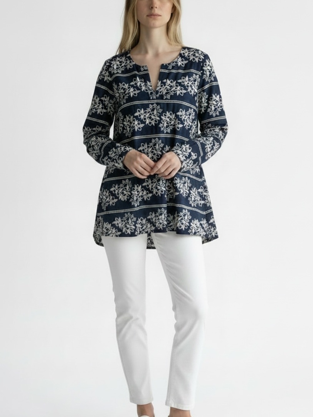 Chico's Navy and White Cutwork Floral Split-Neck Tunic-size 2 (large)